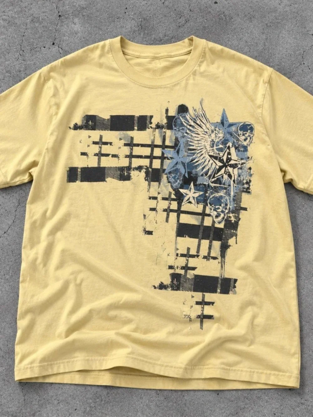 Yellow Graphic Crewneck T-Shirt with Star & Wing Print